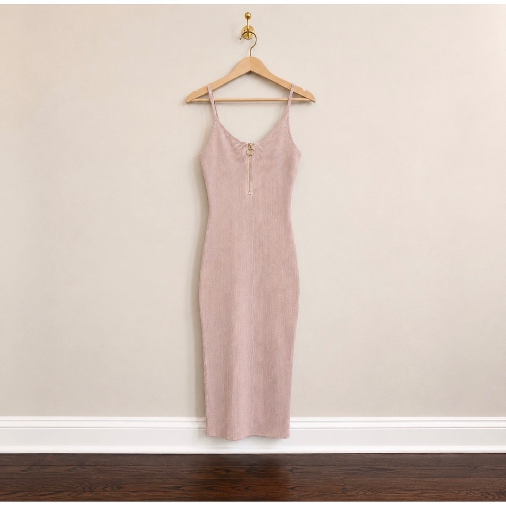Akira Womens Ribbed Midi Dress Mauve Pink Zipper V-Neck Bodycon 21225 Size M